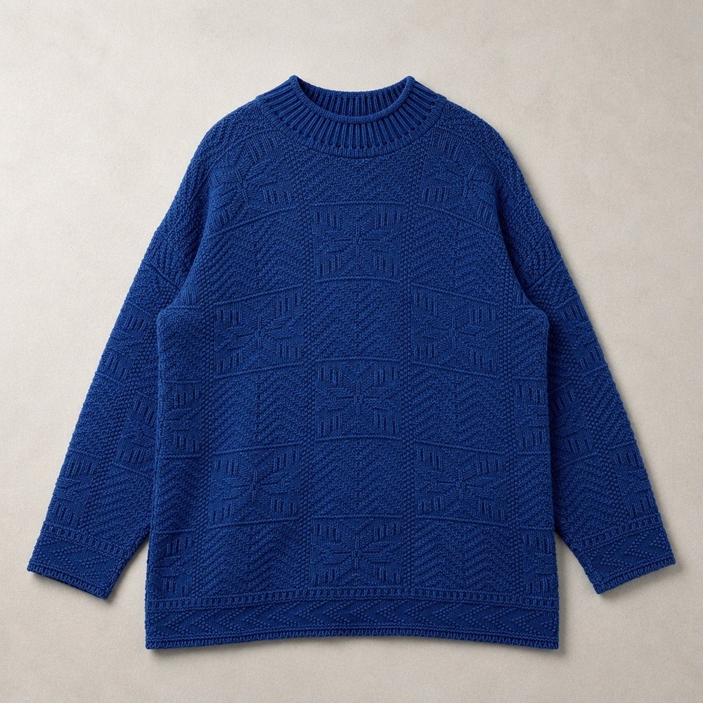 Vintage Textured Knit Sweater Women‎ OS Blue Oversized USA Cotton 90s Knitmania